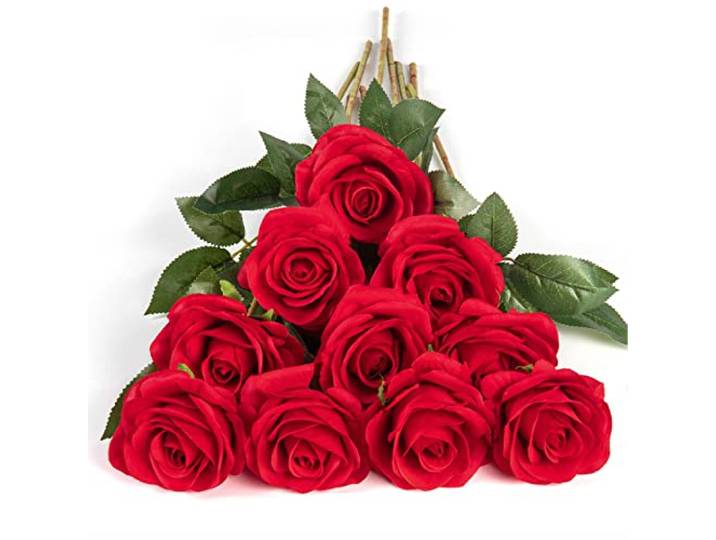 DuHouse Kunstrozen nep zijden bloemen bruidsboeketten met enkele lange plastic stengels voor arrangement bruiloft tafel middelpunt feest woondecoratie (rood)