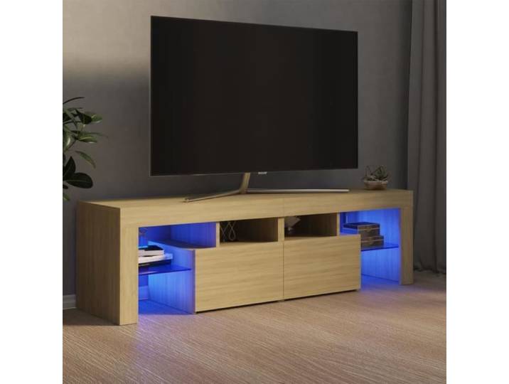 Meuble TV Bas sur Pieds scandinave - Table Basse Multifonction - avec lumières LED Chêne sonoma 140x35x40 cm