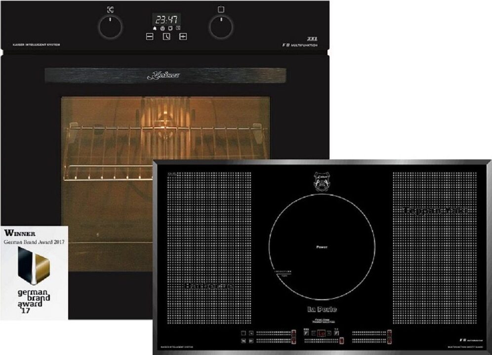 Kaiser Küchengeräte Induktions Herd-Set EH 6361 S + KCT 97 FI La Perle, Einbau-Backofen 60cm in Schwarz /Elektro Backofen/Induktionskochfeld 90 cm/Autark/Drehspieß/Grill/Heißluft/Selbstreinigung