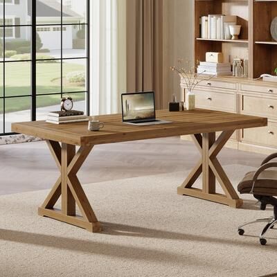 YUZHOU 63 Inch Solid Wood Executive Desk, Large Computer Table with Sturdy Legs