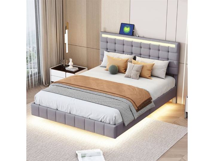 DRIPEX Lit rembourré 140 x 200 cm avec lampes LED tête de lit avec port USB Lit double en lin Gris
