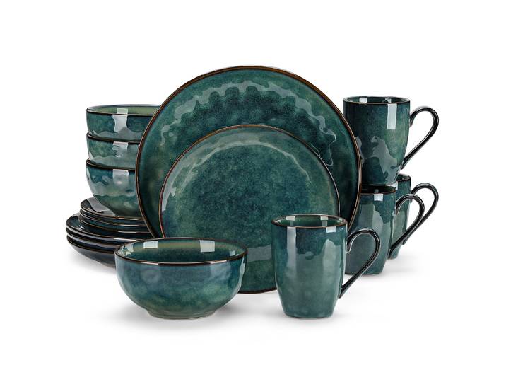 Service de table vert étoilé Vancasso 16/32 pièces, vaisselle en céramique effet four avec assiette plate, assiette à dessert, bol et tasse
