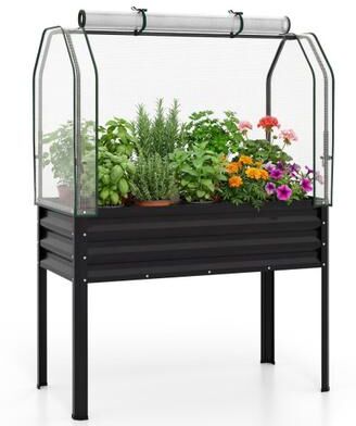 Costway Galvanized Raised Garden Bed with Legs and Greenhouse Cover for Vegetable Flower-Black