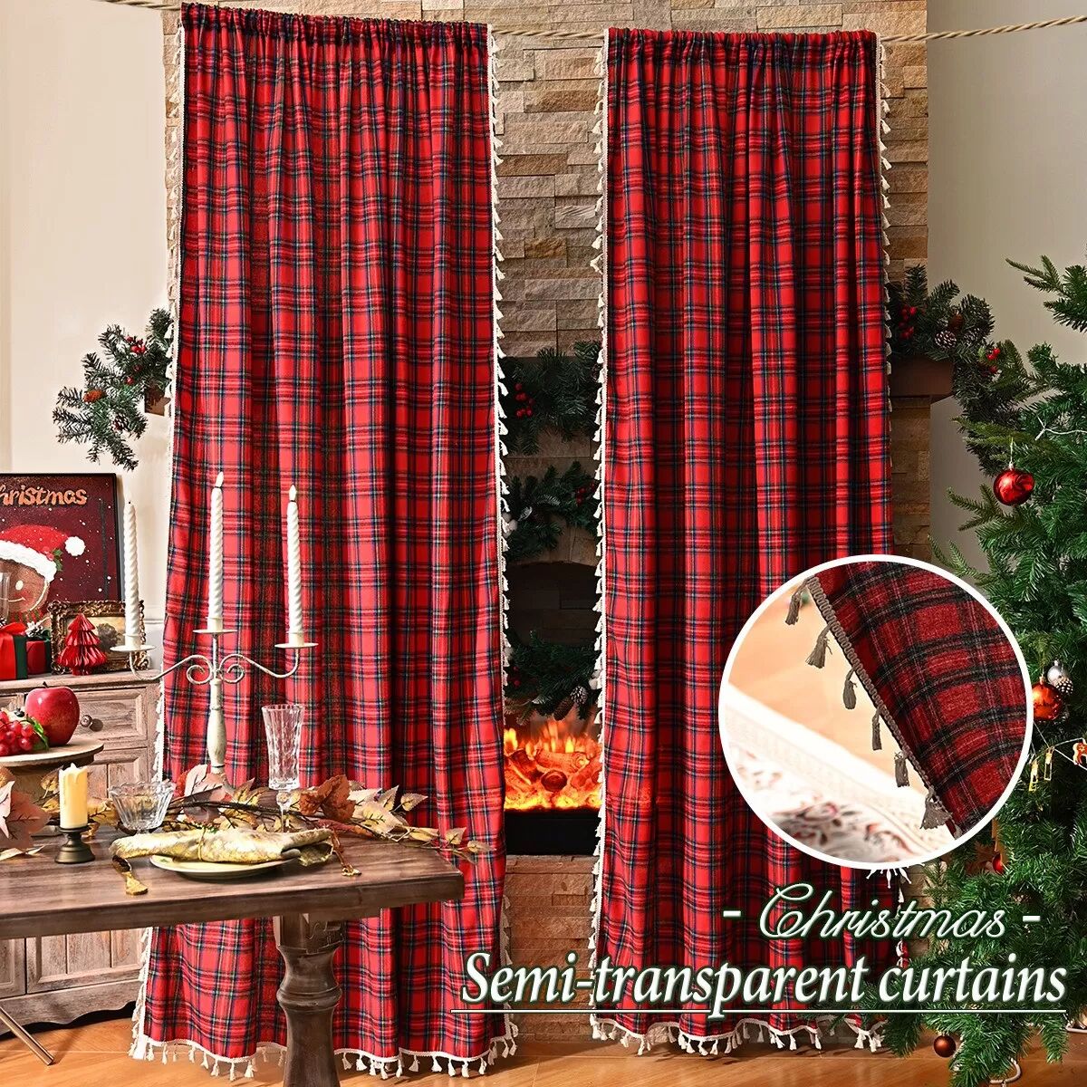 INF Weihnachtliche Amerikanische Quasten-Gardine mit Stangentasche - Einzelpanel L