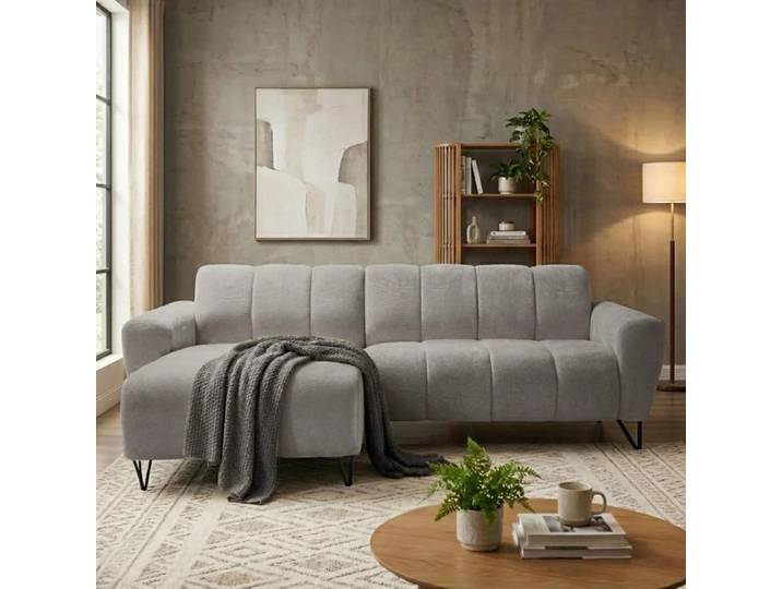 Ecksofa VOLARE MINI L-Form, Ottomane links, Chenille Storm in Dunkelgrau, Sofa ohne Schlaffunktion, dekorative schwarze Metallbeine