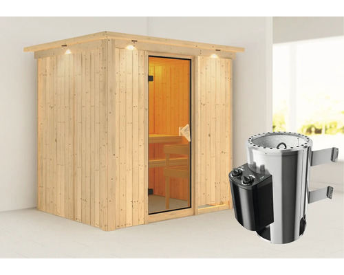 Plug & Play Sauna Karibu Wanja inkl. 3,6 kW Ofen u.integr.Steuerung mit Dachkranz und bronzierter Ganzglastüre