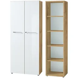 Aktenschrank Set 2-teilig MUENCHEN | 5 Ordnerhöhen | Schrank & Regal | Glasfront Soft-Close | Chalet-Eiche-Nb./Weiß | Made in Germany | Kadima Design