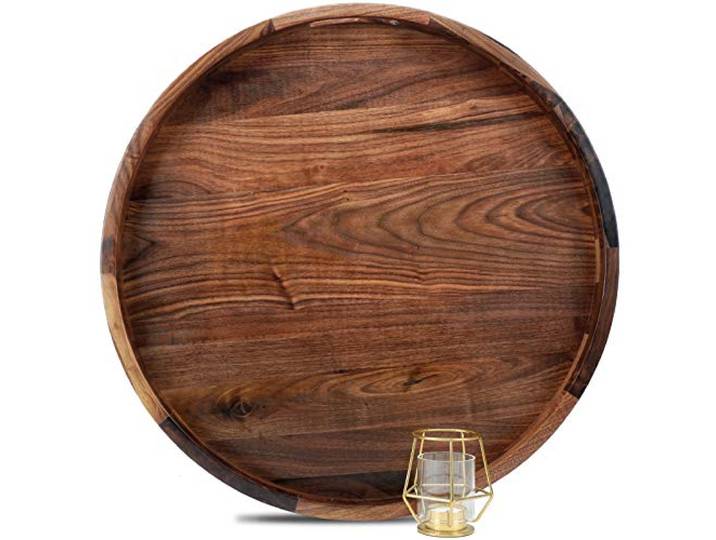 MAGIGO Ottoman-Tablett mit Griffen, extra groß, rund, Walnussholz, 56 cm Servieren Sie Tee, Kaffee oder Frühstück im Bett, klassisches, rundes dekoratives Serviertablett aus Holz