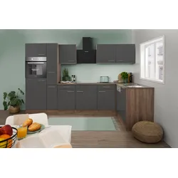 Respekta Küchenprogramm Eiche York Winkelküche 310 cm inkl. E-Geräte & Mineralite Einbauspüle, grau