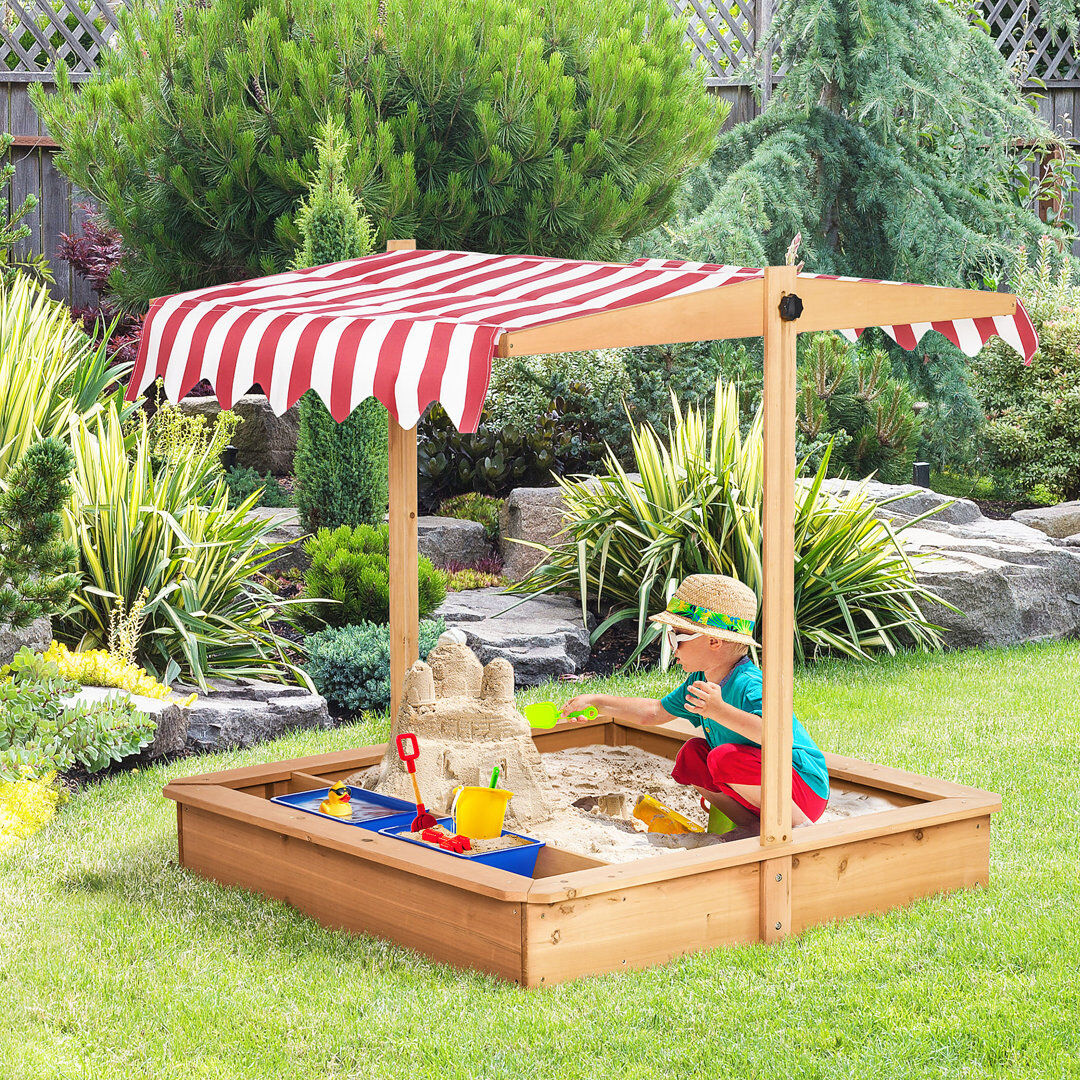 Freeport Park Outsunny Kids Wooden Sandbox Sand Pit Height Adjustable with Canopy Basins Yellow 110cm H X 107.5cm W X 107.5cm L