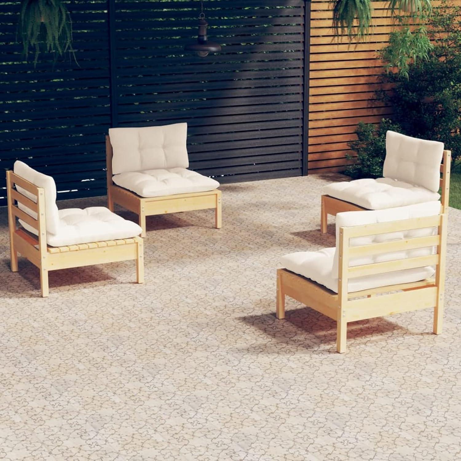 4-TLG. Gartenlounge Set Gartensofa Gartenmöbel Set Loungemöbel Sitzgruppe Gartenlounge Sitzgarnitur Gartengarnitur mit Creme Kissen Kiefernholz#1