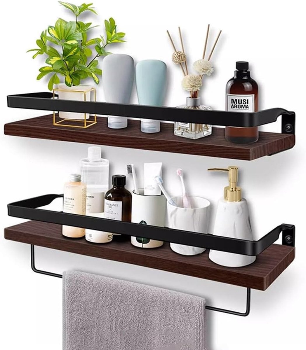 Wandrek Set Houtkleur voor Keuken, Boekenplank of Badkamer inclusief Handdoekhouder - 50 x 50 cm