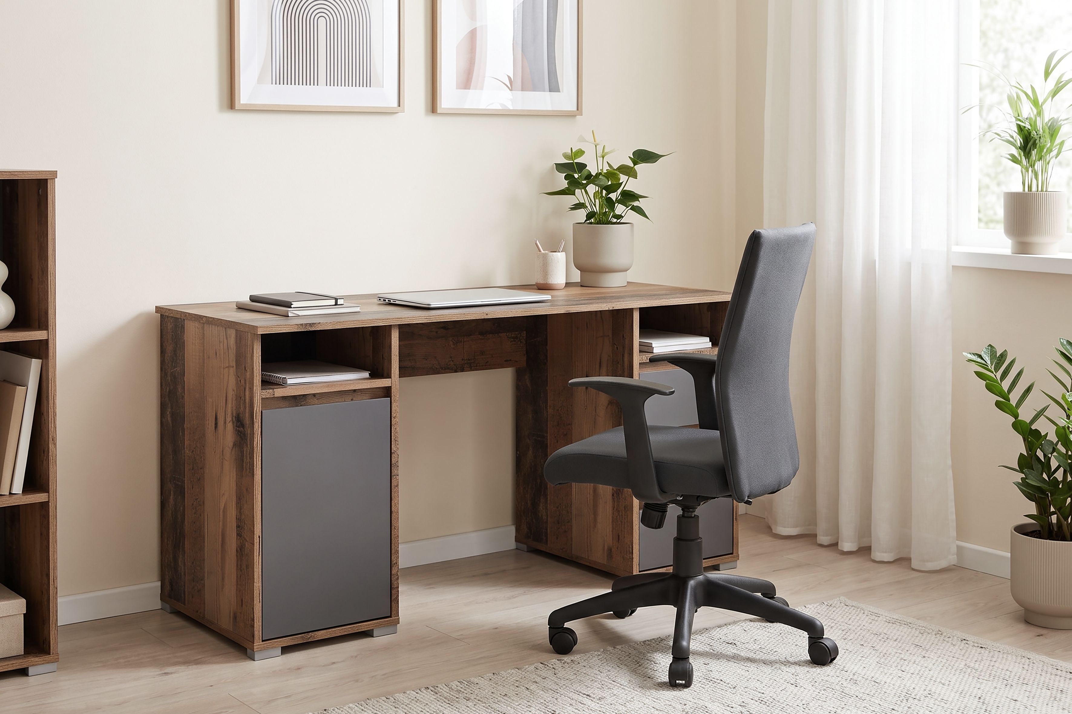 Schreibtisch GOODPRODUCT "Leeds", braun (old wood, anthrazit, old wood, old wood), B:138cm H:75cm T:55cm, Tische, Schreibtisch, Breite 138 cm, Computertisch mit Schubladen, im modernen Design old wood, anthrazit, old wood, old wood B/H/T: 138cm x 75cm x 5