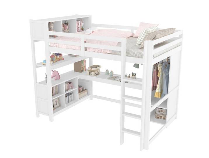 Lit mezzanine 140 x 200 cm SENVIRO avec bureau integre etageres armoire en pin MDF et contreplaque sans matelas blanc