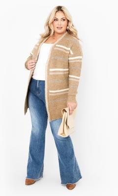 Plus Size Women's Skye Stripe Cardigan by Avenue in Chai (Size 22/24)