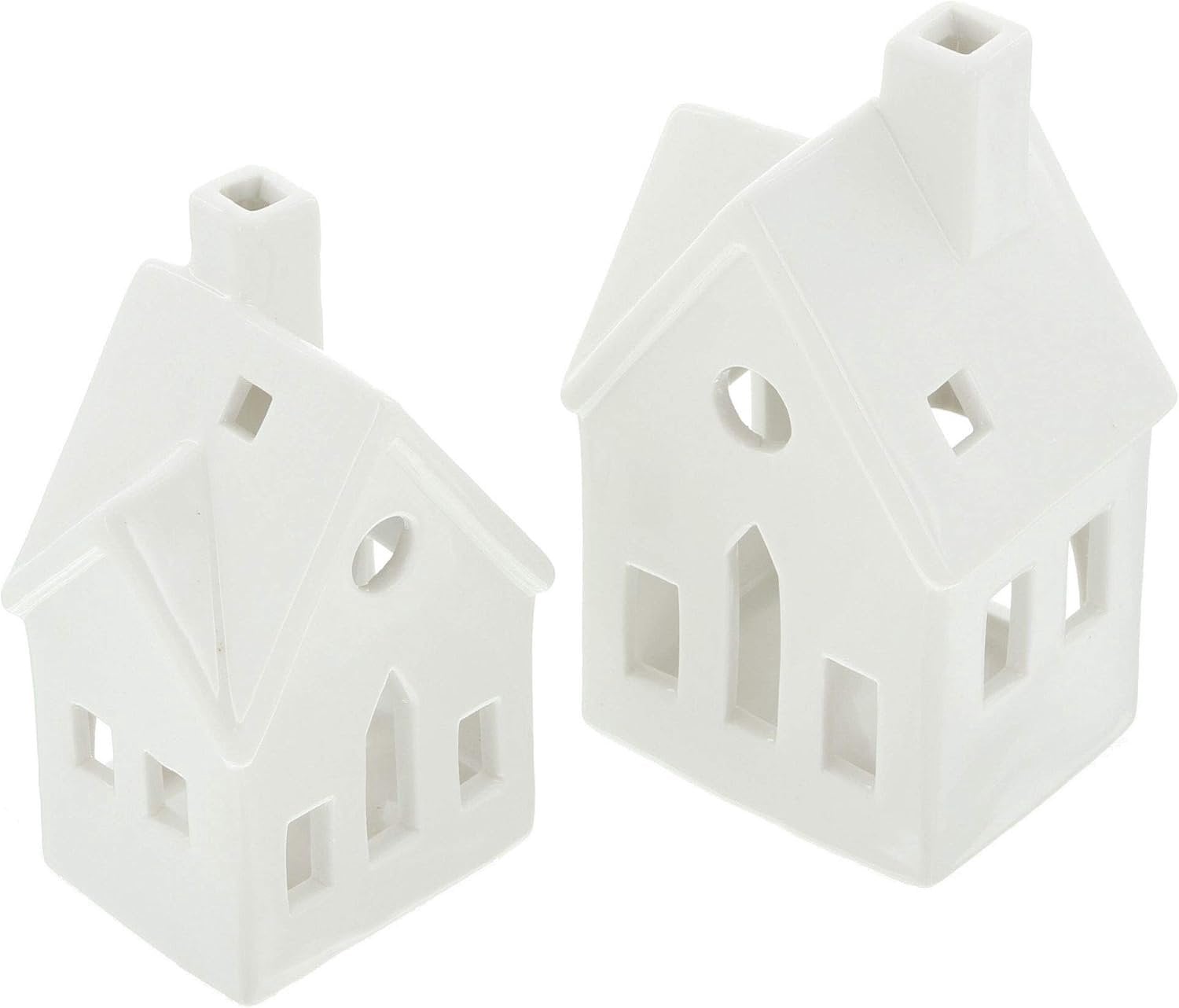 Set van 2 Winterhuis Theelichthouders, Wit Porselein