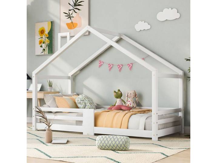 Lit Cabane Enfant - MERAX - 90x200 cm - Bois Massif - Barrière Anti-Chute - Cheminée Décorative