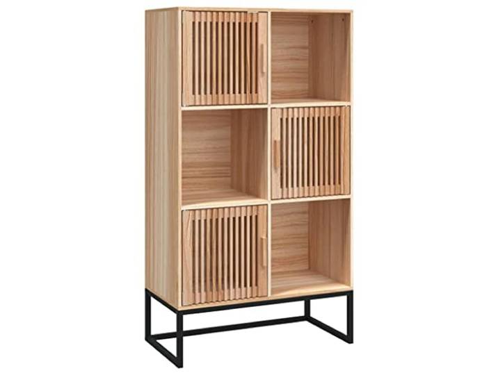 Makastle Highboard Wohnzimmer 70x35x125 cm Braun Holzwerkstoff und Massives Kiefernholz mit Eisenfüßen, 3 Türen und 3 Offene Fächer, Skandinavisches Design