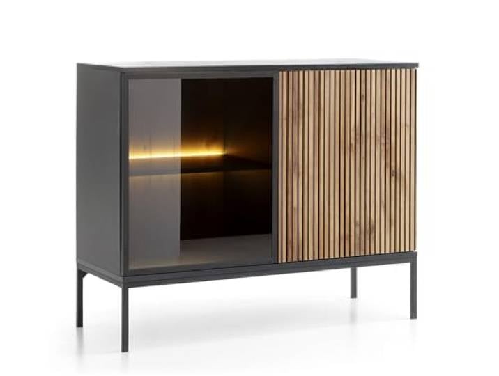 Emporius Daveno Kommode mit Lamellen, Schwarz, Wohnzimmer Kommode mit LED - Loft Stil, Sideboard 2-türig - 104 cm breit
