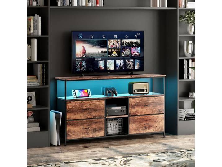 Meuble TV Meuble Télé ave Éclairage LED et 4 tirois 108x29 8x76 8 cm couleur bois