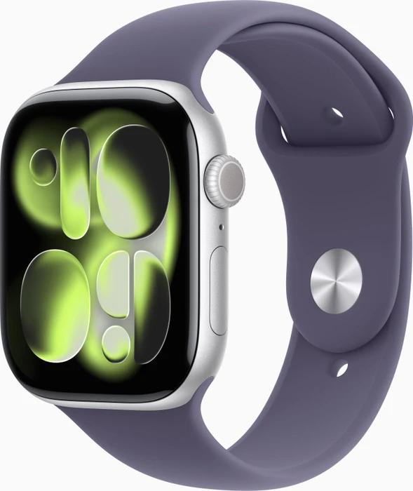 Apple Watch Series 11 46 mm Silber Aluminium mit neblig-lila Sportarmband - S/M