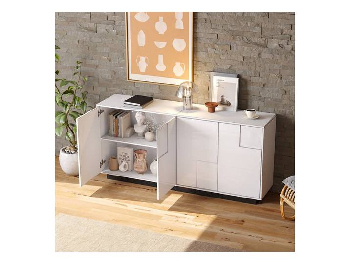HAUSS SPOLE Sideboard mit Türen,Kommde TV-Regal mit Sockel Kippsicherung,Hochglanz (Packung, 1 St., mit großem Stauraum,Farbschema in Weiß und Schwarz), mit 4 Türen.Hochglanzschrank,Unterschrank mit geometrischer Form