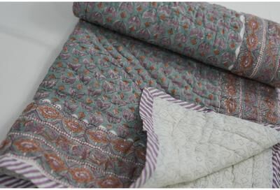 Fabdivine Luxury Hand Block Print Cotton Quilt Floral Boho Bedding for Bedroom & Sofa, Pink Brown, Handmade Reversible Bedspread