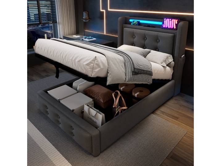 MODFU Boxspringbett Hydraulisches 90x200 cm mit LED-Beleuchtung, Polsterbett Funktionelles mit USB-Ladeanschluss, Stauraumbett mit Bettkasten Stauraum, Grau(Ohne Matratze)