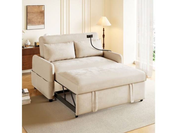 Canapé convertible double contemporain avec rangement téléphone chargeur USB et dossier inclinable pour appartement