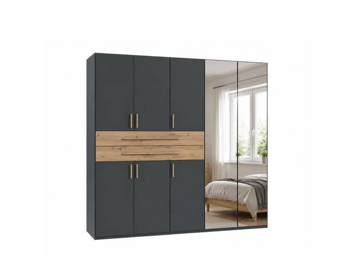 Drehtürenschrank Kleiderschrank 225 cm Grafit Spiegel Schubkästen Eiche Artisan / 22637