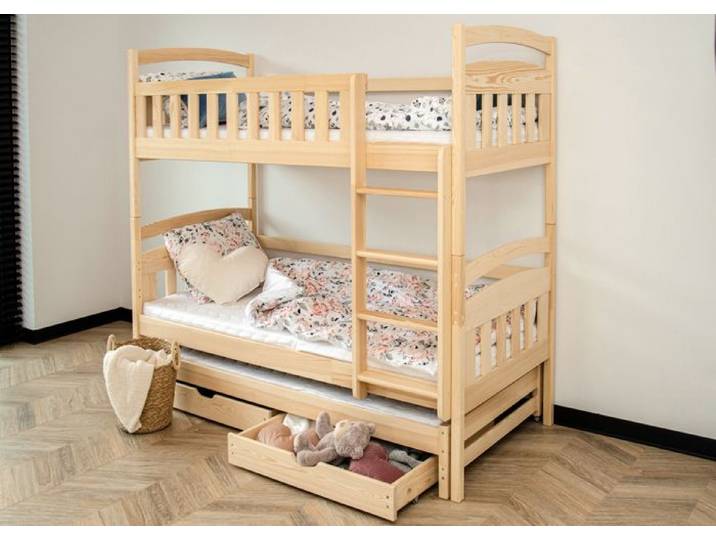 Lit superposé 90x200 avec lit gigogne - Sommier INCLUS - Lit superposé convertible - 3 lits simples - 2 tiroirs - Bois naturel