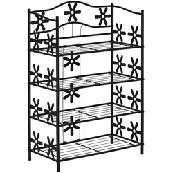 MODFU Standregal Metall Schwarz 60x30x92 cm mit 4 Ebenen, filigranen Blumenverzierungen, platzsparend als Blumenregal Schuhregal Badregal nutzbar