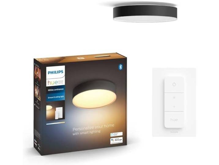 Philips Hue Enrave Deckenleuchte inkl. Dimmschalter, M, Schwarz White Ambiance, Alle Weißschattierungen, 1900 lm, Dimmbar, App- und Sprachsteuerung, Smart Home
