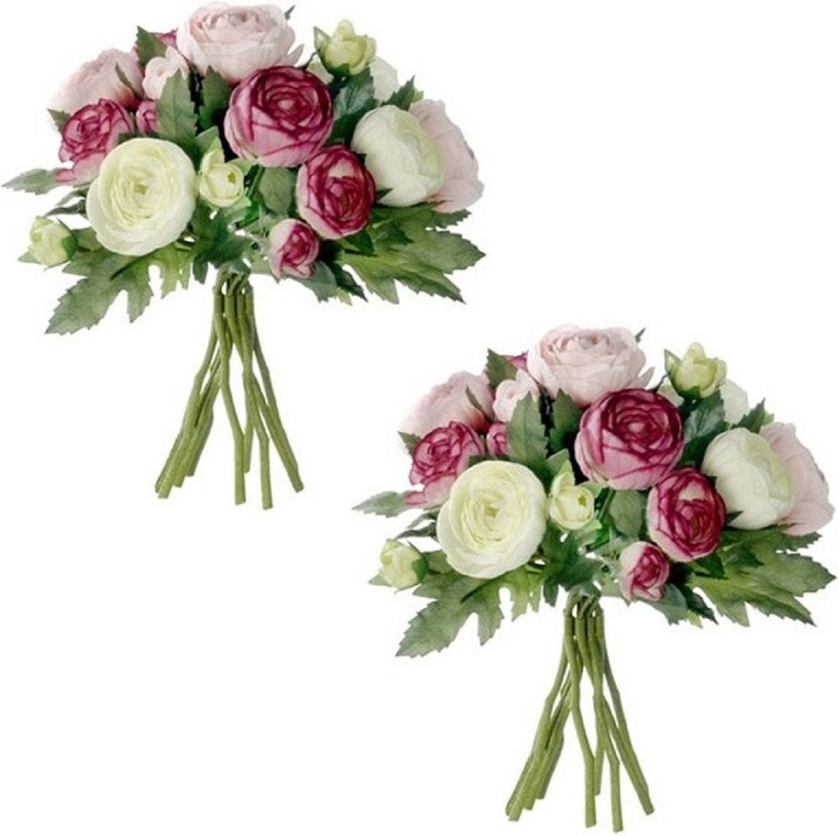 Mica Decorations Ranunculus boeket - 2 stuks - roze - kunstbloemen - 22 cm