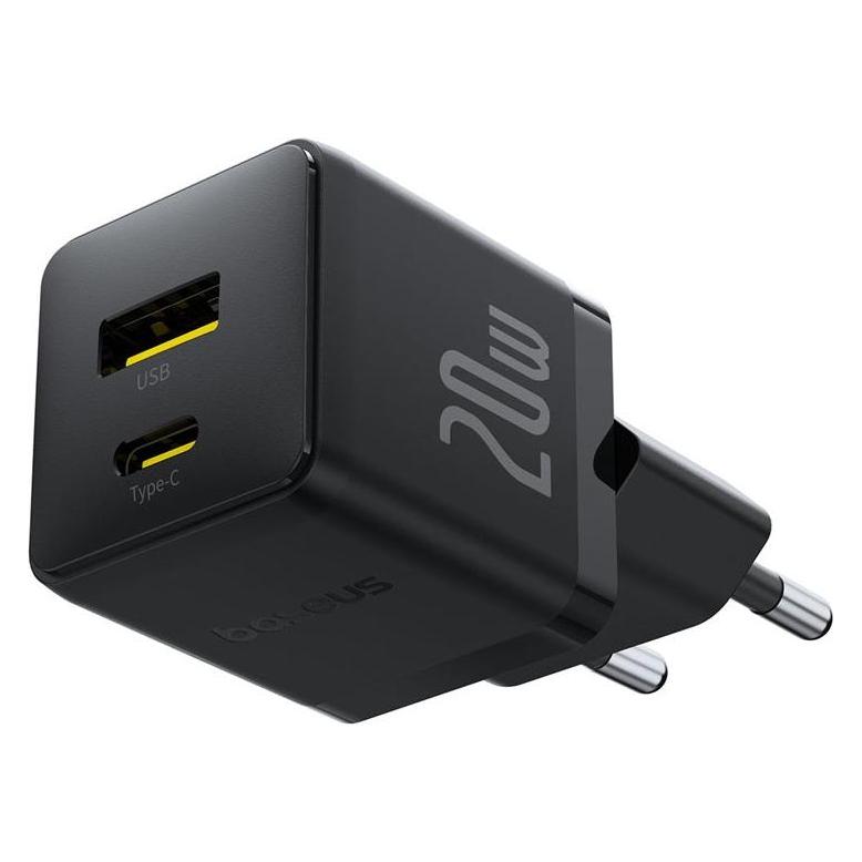 Baseus Wall Fast Charger Palm 20W USB + USB-C QC3.0 PD3.0 with USB-C Cable 1m, Black (20 W, 2 Ports) (P10111608113-01)