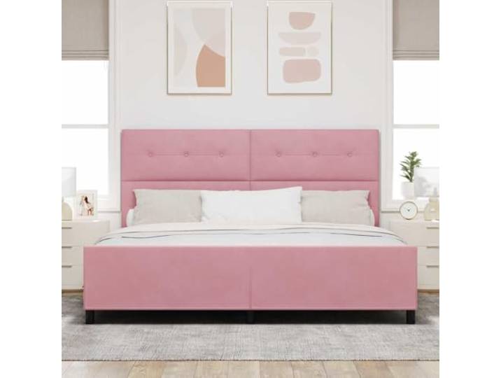 KTHLBRH Doppelbett Samt Rosa 200 x 200 cm Gepolstertes Kopfteil aus massivem Kiefernholz, modernes Design