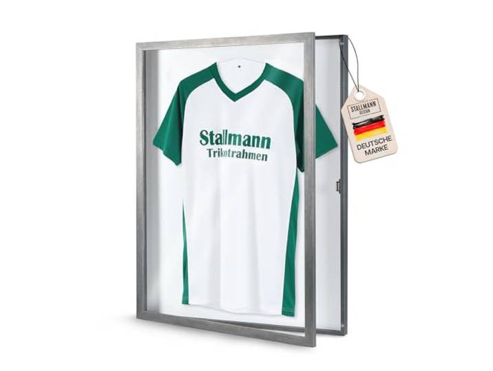 Stallmann Design Trikotrahmen 'Easy Click & Fill' mit Tür Rahmen-Farbe: Stahl Hintergrund: Weiß Größe: 70 x 90 cm hochwertige und leicht zu befüllende Vitrine für Trikots