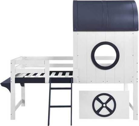 Etagenbett Halbhohes Bett 90x200 cm ohne Matratze Mit Dach Fenster Untere Schublade Rollen Schraegleiter MDF Sperrholz Weiss Dunkelblau Kinderbett