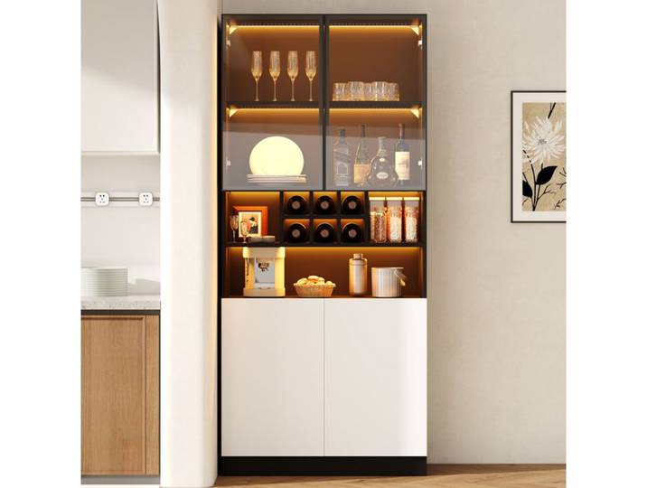 Vitrine Haute LED Verre Trempé Noir Et Blanc Vitrine Design FloraGrace Pour Salon Avec Casier À Bouteilles 80x30x180cm