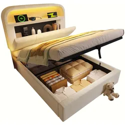 Polsterbett 90x200 cm mit höhenverstellbarem Stauraum-Kopfteil, LED-Beleuchtung & USB-Ladestation, Beige