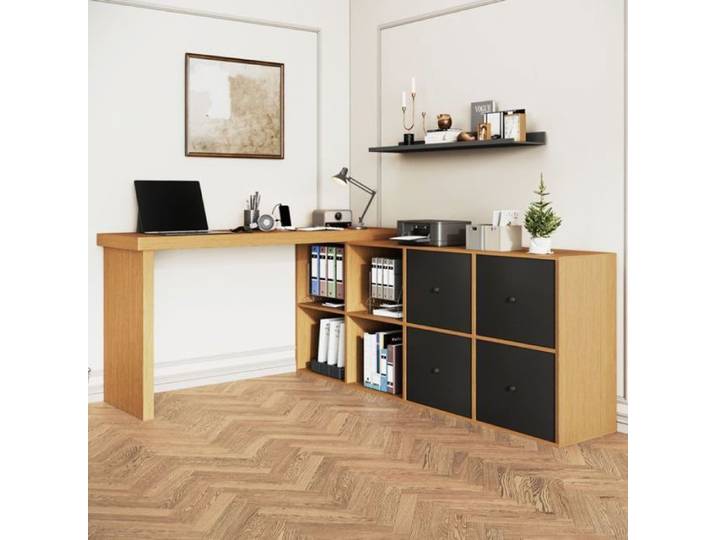 Bureau d'Angle Pivotant 360° Table Ordinateur avec 4 Tiroirs et 4 Étagères Bureau Informatique MDF ！ noir MEUBLE INFORMATIQUE