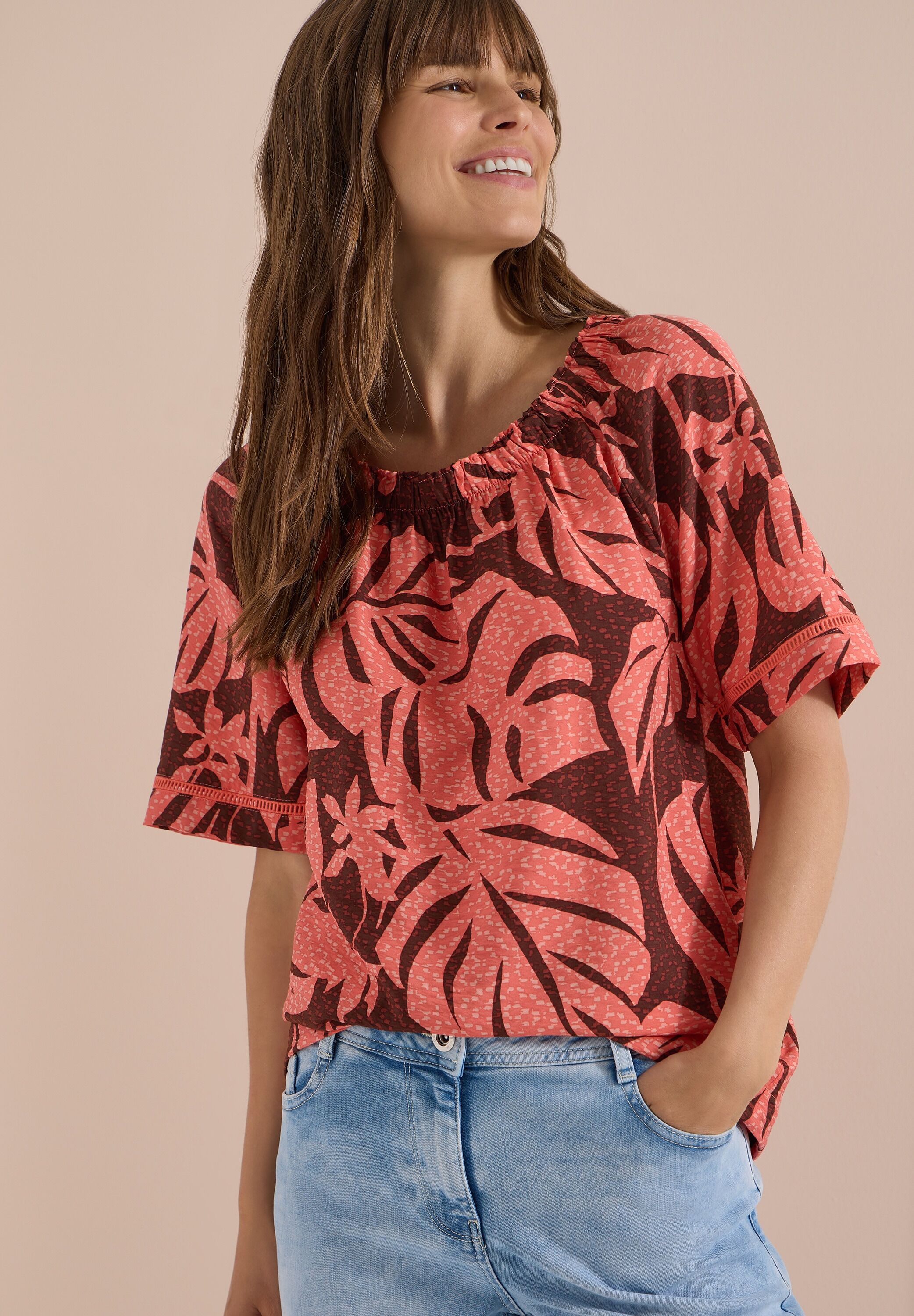 Carmenbluse CECIL, Damen, Gr. XXL (46), coral, Stoff, 86% Viskose, 14% Nylon, gemustert, klassisch normal, Carmenausschnitt, normaler Saum, Blusen, aus softer Viskose