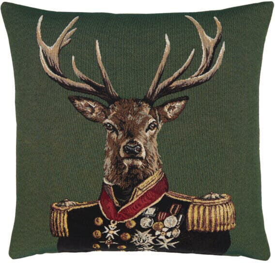 Hines of Oxford Admiral Stag Tapestry Cushion with Feather Filler Green 46cm H X 46cm W X 15cm D