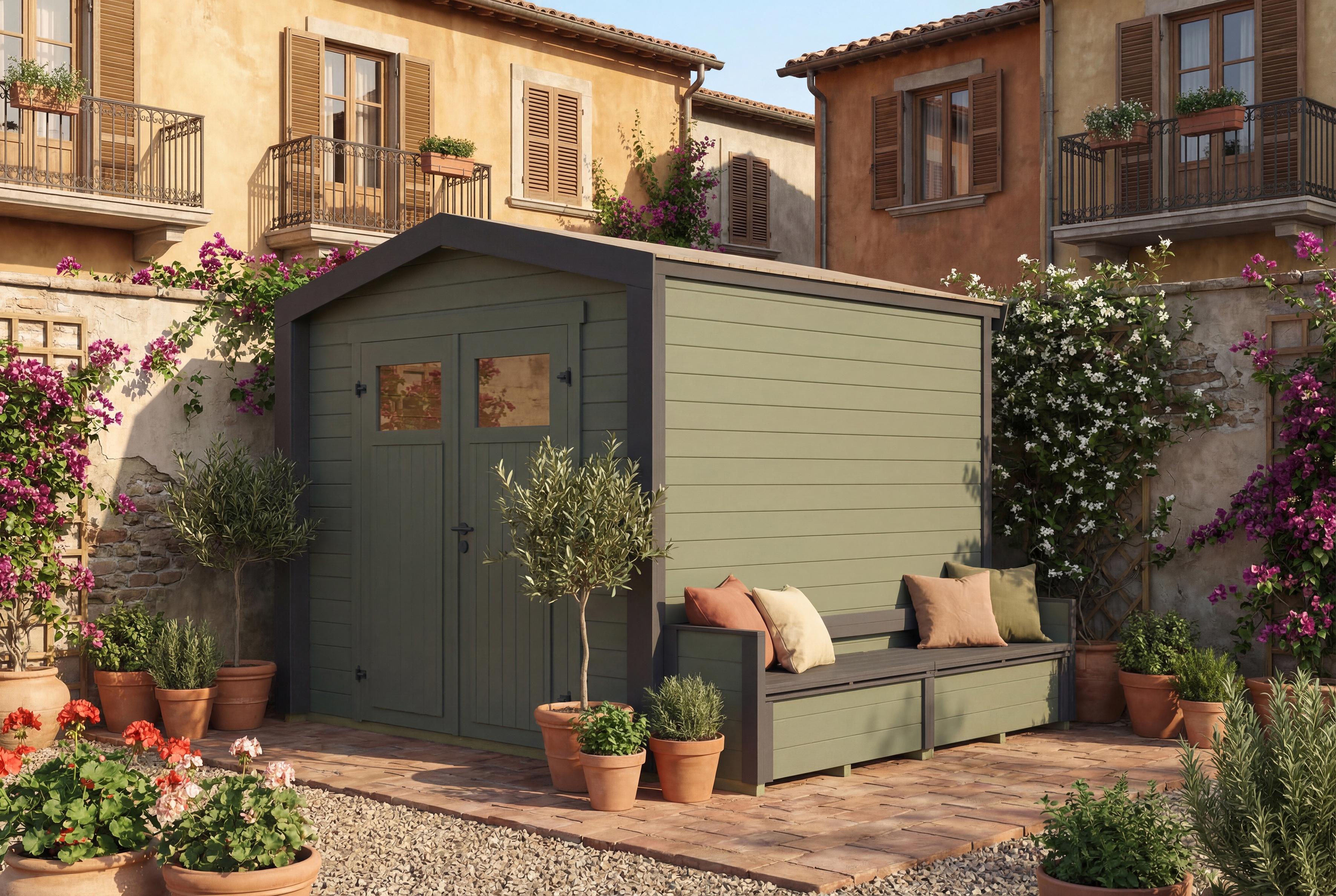 Gartenhaus Killarney, 235x235cm, Grüngrau, 19mm, Sitztruhe