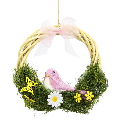 Kunstkranz I.GE.A. "Mit Blüten, Vogel und Schleife", rosa, B:20cm H:20cm L:5cm, Kunstpflanzen, aus Rattan, Türkranz