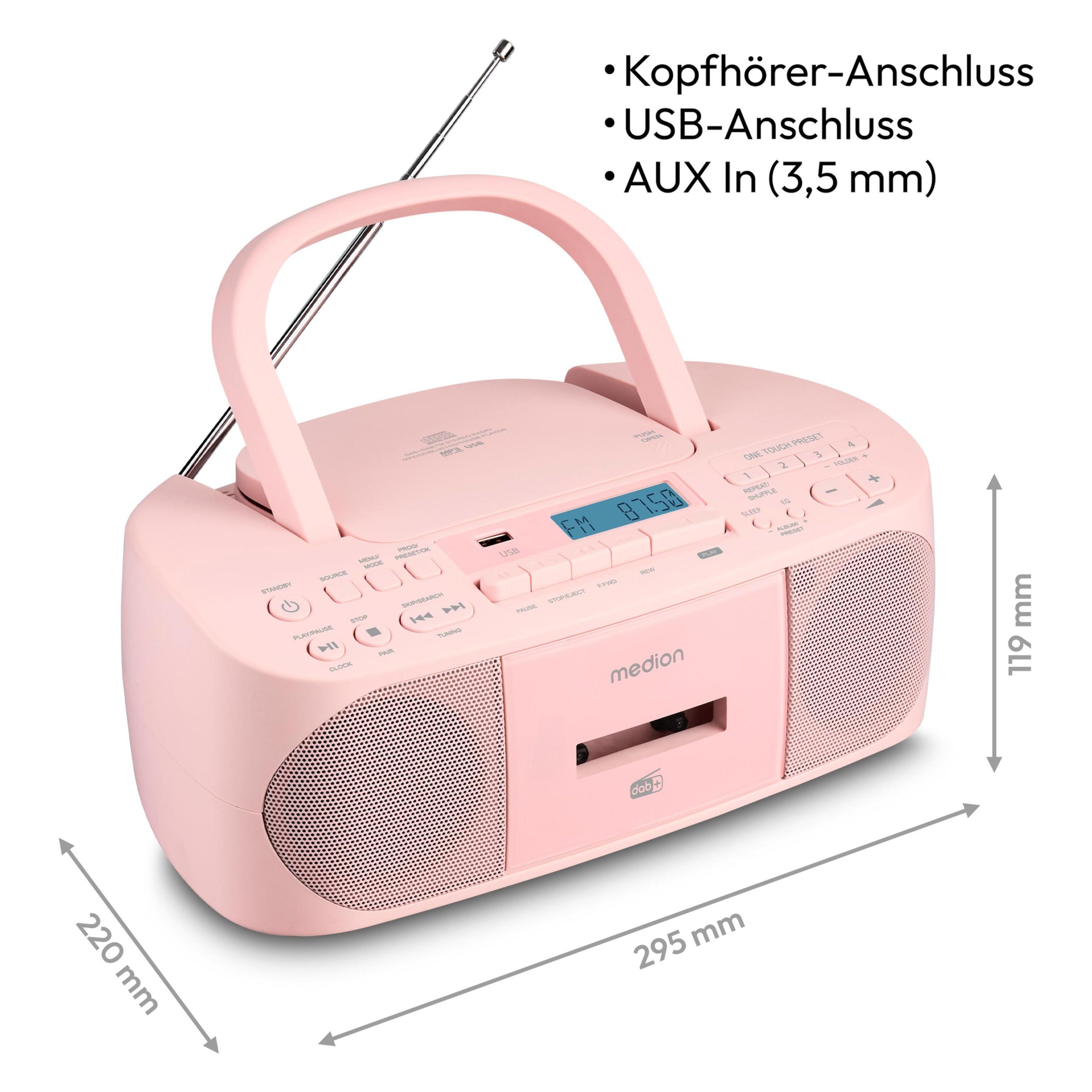 Medion MED MD400003 LIFE DRX-1 rosa Radiorekorder mit CD-Spieler und Kassettendeck (DAB+, FM, PLL, Bluetooth) (50079336)