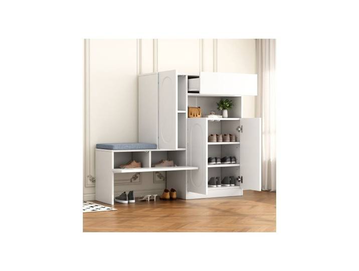 Meuble à chaussures - 2 en 1 - Banc rembourré - Portes bombées soft-close - Étagères réglables