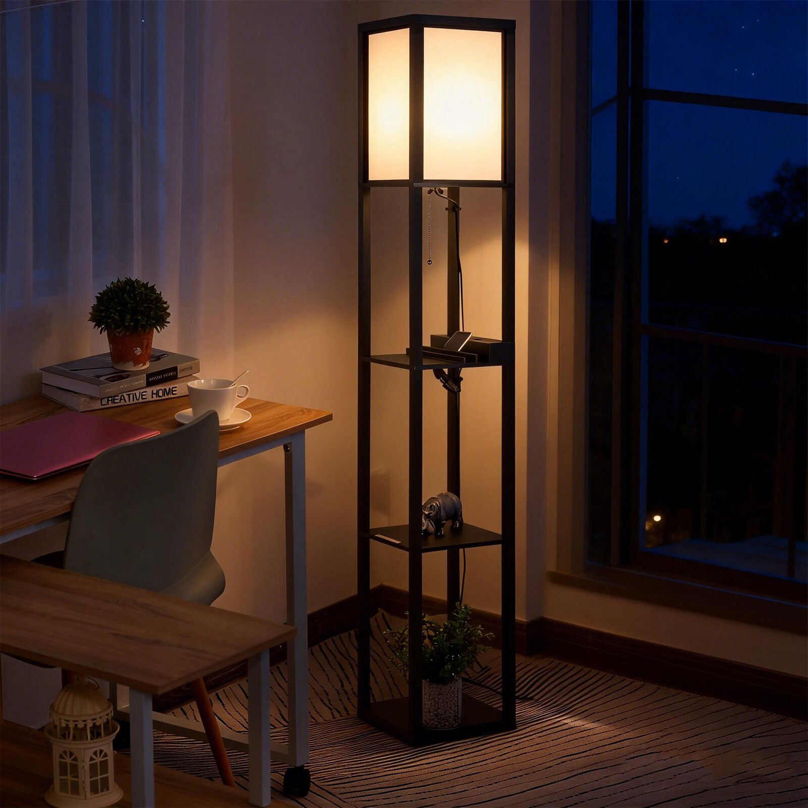 Altro Lampada Da Terra Moderna, Lampadina Illuminazione Interna Salvaspazio Con Ripiani Da Soggiorno Cotone, Mdf 26 X 26 X 160 Cm Nero E Bianco
