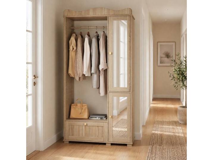QAVRYL Armoire de chambre 115 5 x 38 5 x 194 5 cm penderie ouverte miroir MDF décor chêne