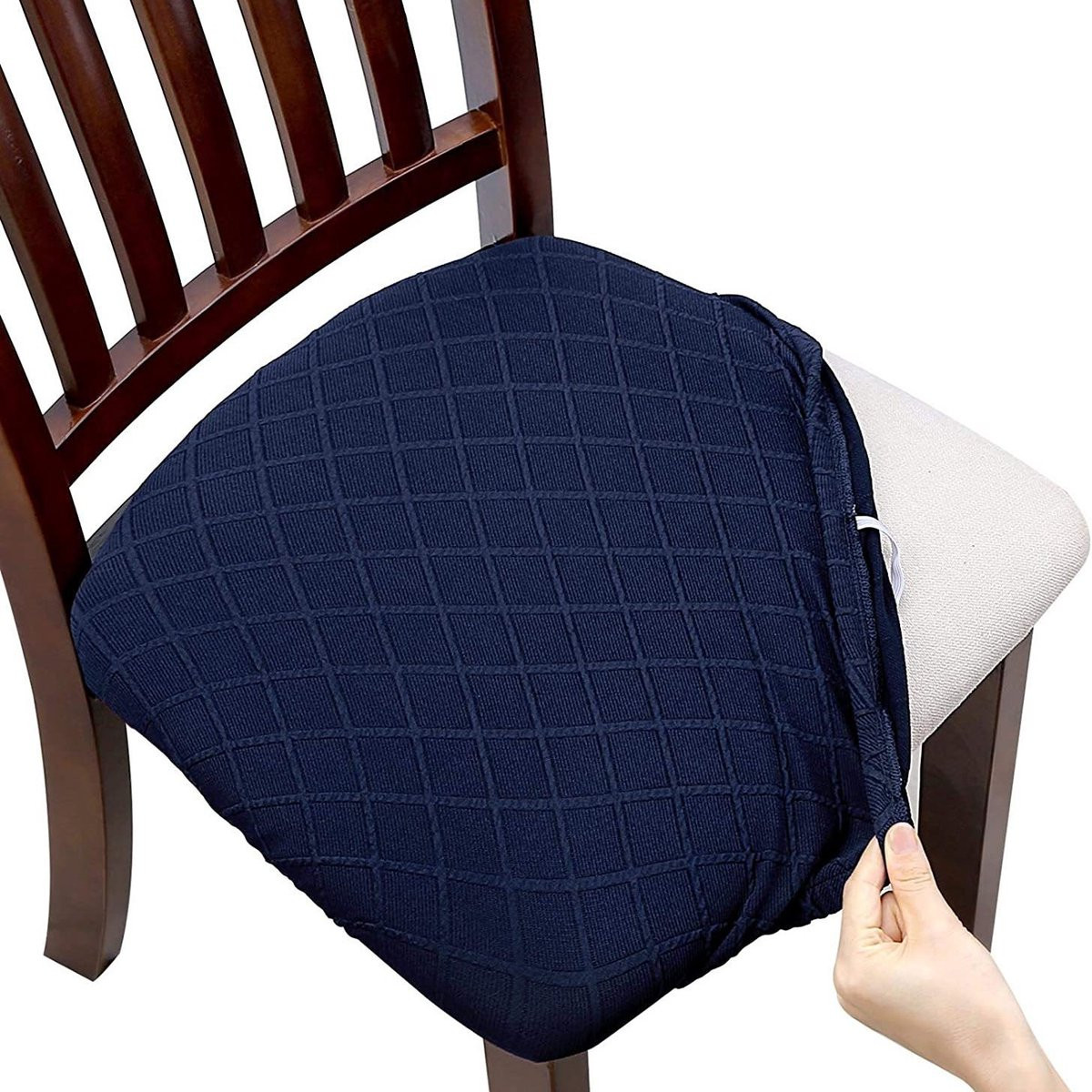 Set van 2 wasbare elastische jacquard stoelhoezen voor eetkamerstoelen, Marineblauw